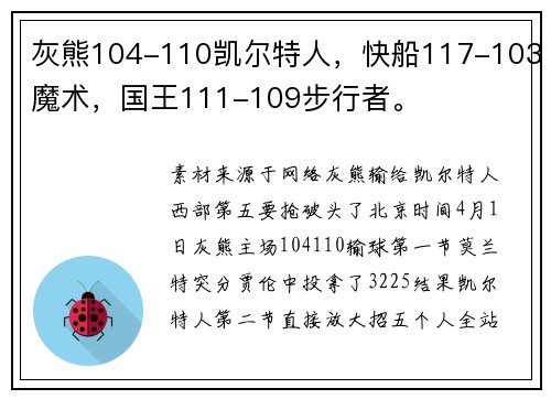 灰熊104-110凯尔特人，快船117-103魔术，国王111-109步行者。