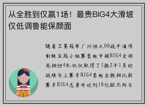 从全胜到仅赢1场！最贵BIG4大滑坡 仅低调鲁能保颜面